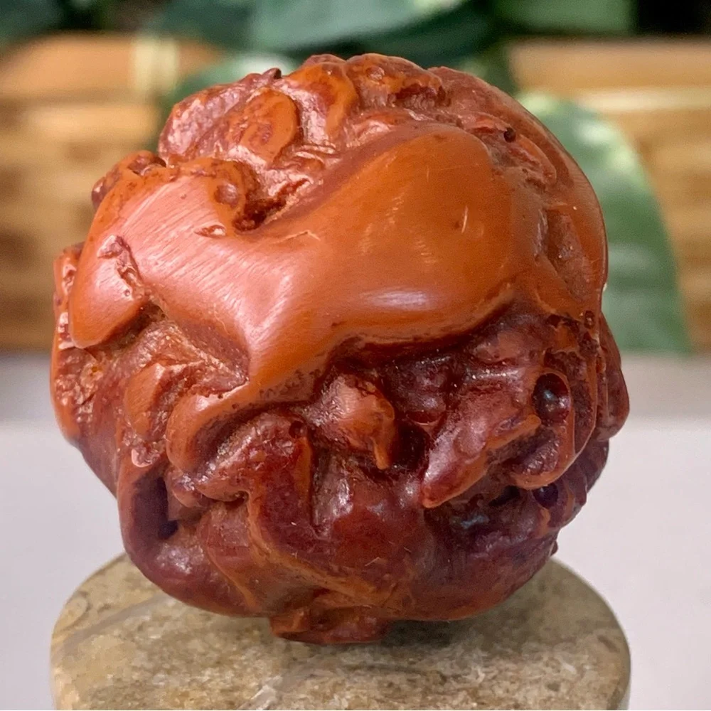Faux Red Amber Carved Chinese Zodiac Ball 12 Animals Vintage Figurine Carving